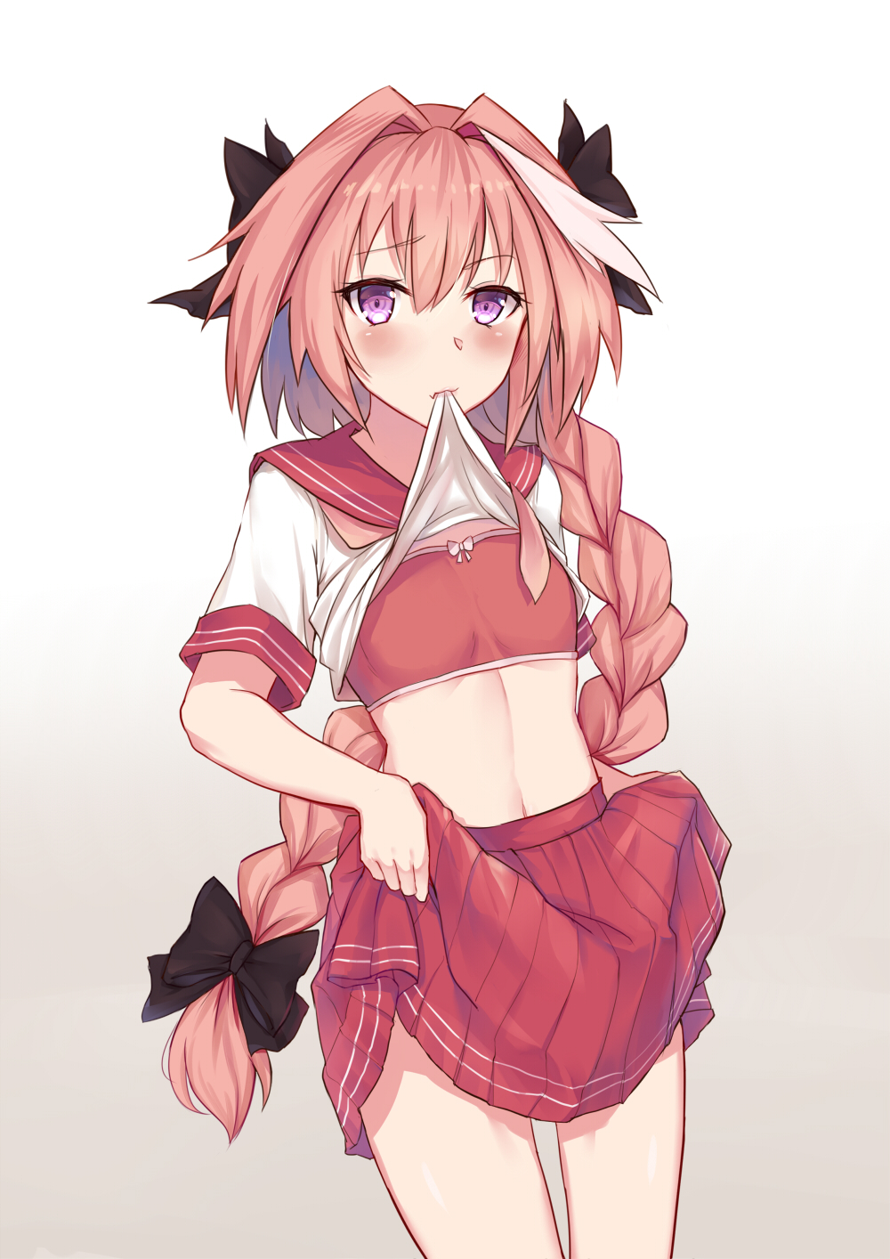 1boy astolfo_(fate) bangs big_hair black_bow blush bobo_(6630978) bow bow_bra bra braid closed_mouth commentary_request cowboy_shot eyebrows_visible_through_hair eyelashes fang fang_out fate/apocrypha fate/grand_order fate_(series) flat_chest gradient gradient_background grey_background hair_between_eyes hair_bow hair_intakes highres lifted_by_self long_hair looking_at_viewer male_focus midriff miniskirt mouth_hold multicolored_hair navel neckerchief pink_hair pink_neckwear pleated_skirt raised_eyebrow red_bra red_sailor_collar red_skirt sailor_collar school_uniform serafuku shirt shirt_in_mouth shirt_lift short_sleeves simple_background single_braid skirt skirt_lift sleeve_cuffs solo standing stomach streaked_hair thigh_gap training_bra trap underwear very_long_hair violet_eyes white_background white_hair white_shirt