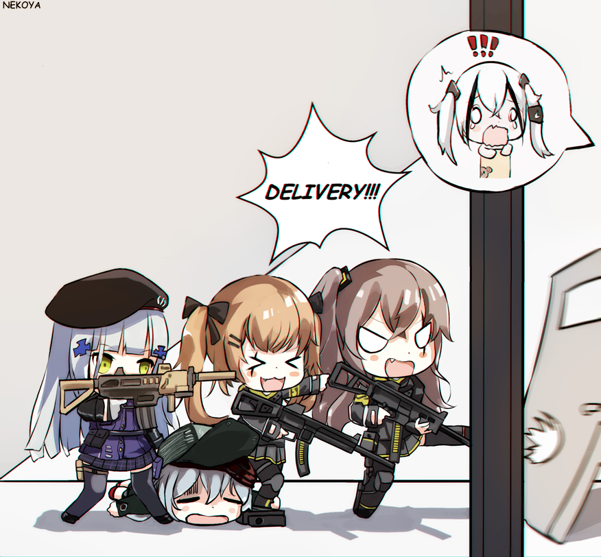 &gt;_&lt; /\/\/\ 5girls :3 :d animal_print assault_rifle bangs bear_print beret black_bow black_footwear black_hat black_jacket black_legwear black_skirt blush_stickers bow brown_hair closed_eyes commentary destroyer_(girls_frontline) door dyolf english eyebrows_visible_through_hair fang g11_(girls_frontline) girls_frontline green_hat gun h&amp;k_ump hair_between_eyes hair_bow hair_ornament hat heckler_&amp;_koch hk416 hk416_(girls_frontline) holding holding_gun holding_weapon jacket kicking light_brown_hair long_hair long_sleeves lying multiple_girls object_namesake on_stomach one_side_up open_mouth plaid plaid_skirt pleated_skirt purple_shirt purple_skirt rifle scar scar_across_eye shirt side_ponytail silver_hair skirt smile standing standing_on_one_leg submachine_gun teardrop thigh-highs twintails ump45_(girls_frontline) ump9_(girls_frontline) very_long_hair wavy_mouth weapon white_hair xd