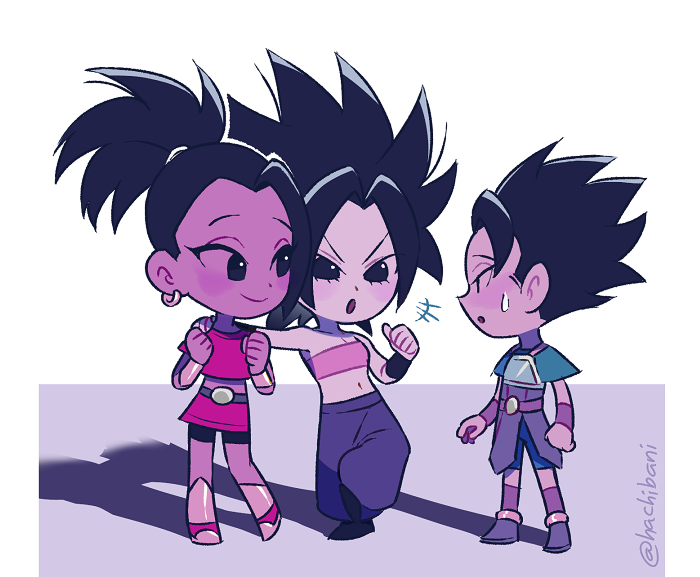 +++ 1boy 2girls armor baggy_pants belt black_eyes black_hair blush_stickers caulifla chibi clenched_hands dragon_ball dragon_ball_super eyelashes kale_(dragon_ball) kyabe looking_at_another multiple_girls one_leg_raised open_mouth pants ponytail red_shirt red_skirt shadow shirt short_hair simple_background skirt smile spiky_hair standing sweatdrop tank_top twitter_username white_background wristband