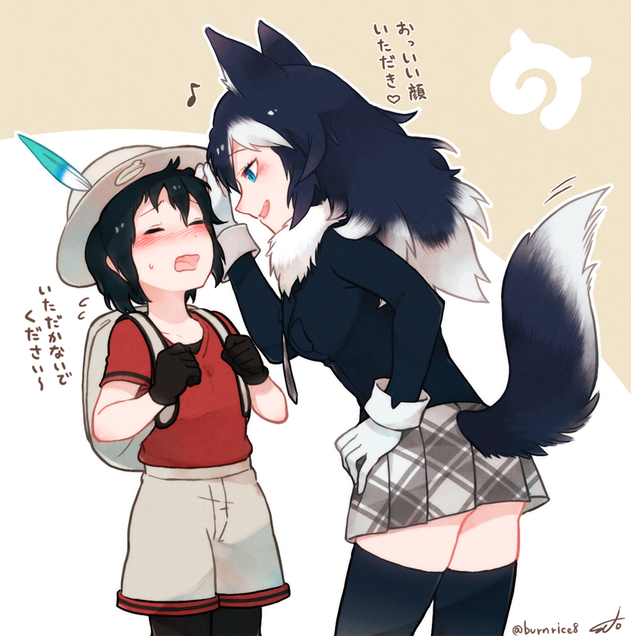 2girls animal_ears backpack bag black_hair blue_eyes blush bucket_hat closed_eyes feathers flying_sweatdrops full-face_blush fur_collar gloves grey_wolf_(kemono_friends) hand_on_another's_head hat holding_strap japari_symbol kaban_(kemono_friends) kemono_friends long_hair multicolored_hair multiple_girls musical_note necktie open_mouth pantyhose pleated_skirt seto_(harunadragon) shirt short_hair short_sleeves shorts signature skirt sleeve_cuffs sweatdrop t-shirt tail thigh-highs translation_request wavy_mouth white_hair wolf_ears wolf_tail zettai_ryouiki