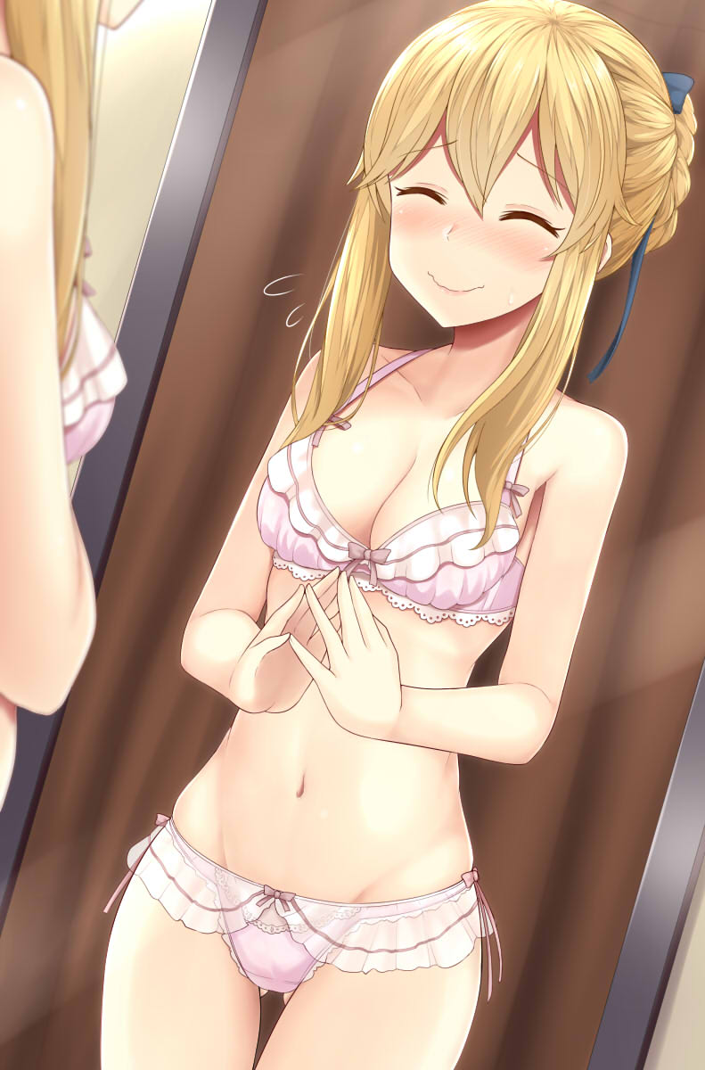 1girl bangs bare_arms bare_shoulders black_ribbon blonde_hair bow bra braid breasts clarice_(idolmaster) cleavage closed_mouth collarbone dutch_angle eyebrows_visible_through_hair flying_sweatdrops gluteal_fold hair_ribbon highres idolmaster idolmaster_cinderella_girls long_hair medium_breasts navel oga_raito own_hands_together pink_bow pink_bra reflection ribbon see-through shiny shiny_hair sidelocks smile solo stomach swimsuit thigh_gap underwear underwear_only