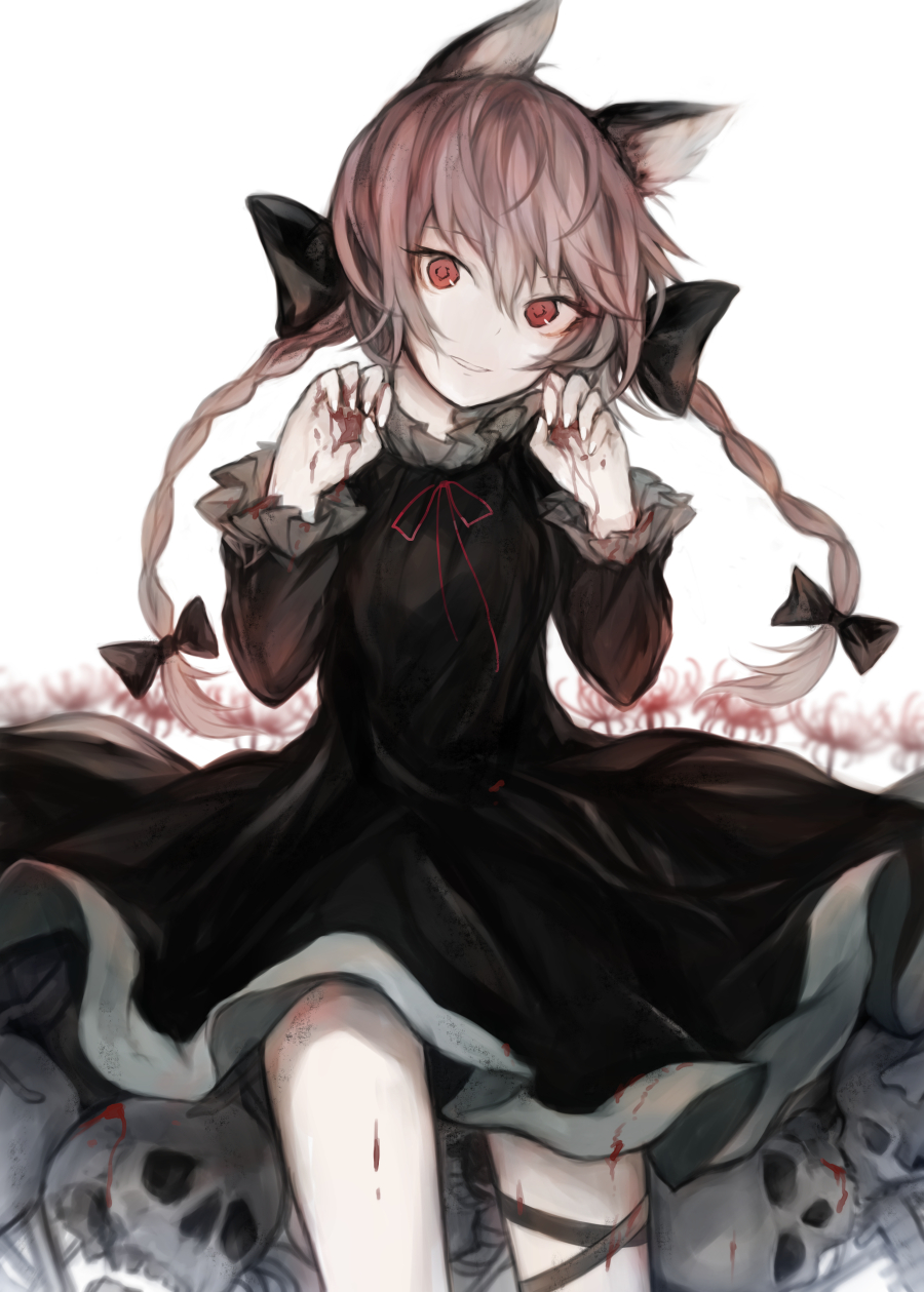 1girl animal_ears bangs black_bow black_dress blood bloody_hands bow braid cat_ears dress flower hair_bow hasunokaeru highres kaenbyou_rin long_sleeves paw_pose red_eyes redhead short_hair_with_long_locks simple_background skull smile solo spider_lily standing touhou twin_braids white_background