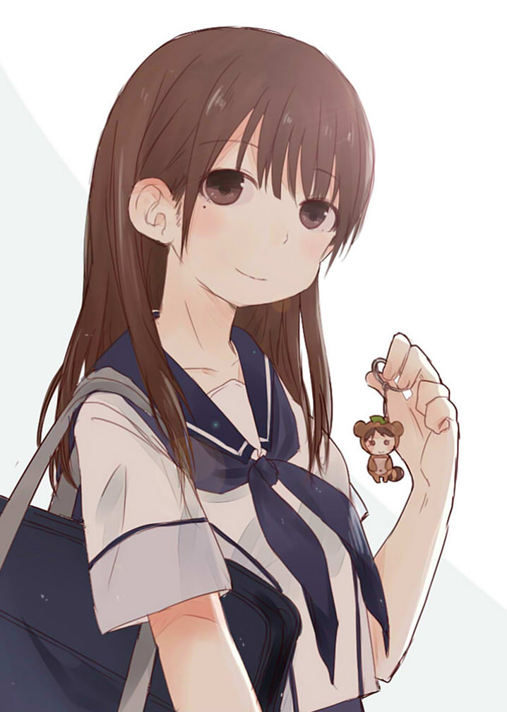 1girl bag bangs blouse blue_neckwear brown_eyes brown_hair carrying character_doll closed_mouth eyebrows_visible_through_hair fud holding keychain leaf leaf_on_head long_hair looking_at_viewer mole mole_under_eye neckerchief original school_bag school_uniform short_sleeves smile solo standing tanuki upper_body white_blouse