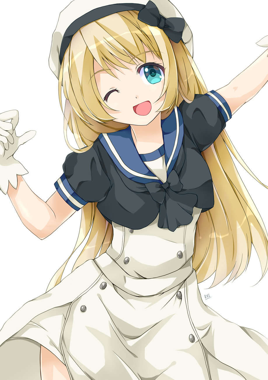 1girl blonde_hair blue_eyes blue_sailor_collar commentary_request dress gloves hat highres jervis_(kantai_collection) kantai_collection long_hair looking_at_viewer miyamori_raira one_eye_closed open_mouth sailor_collar sailor_dress sailor_hat short_sleeves simple_background smile solo white_background white_dress white_gloves white_hat