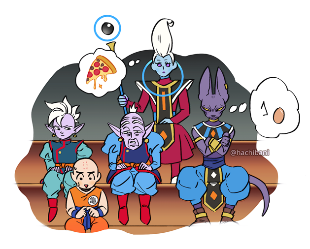 5boys bald beerus bracelet crossed_arms dougi dragon_ball dragon_ball_super dragonball_z earrings egg egyptian_clothes embarrassed expressionless eyelashes food jewelry kaioushin kuririn long_sleeves looking_at_another looking_down male_focus mohawk multiple_boys nervous number pizza pointy_ears potara_earrings rou_kaioushin simple_background sitting sparkle staff sweatdrop thought_bubble twitter_username whis white_background white_hair wristband