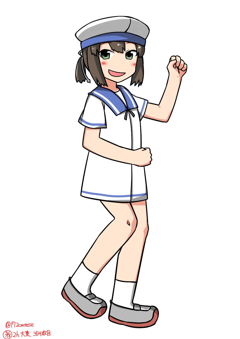 172cm blue_sailor_collar blush brown_hair daitou_(kantai_collection) dress full_body hat highres kantai_collection looking_at_viewer open_mouth sailor_collar sailor_dress sailor_hat short_sleeves simple_background smile solo tagme twitter_username white_background white_dress white_hat