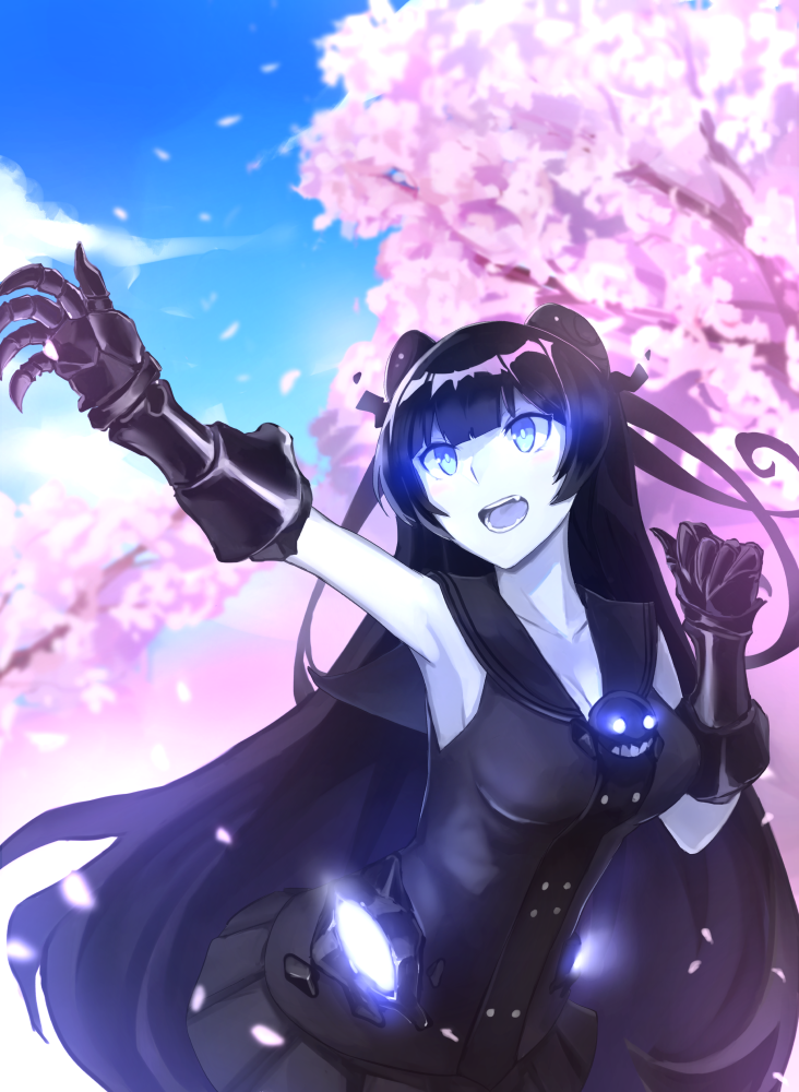 1girl :d arm_up armpits bangs bare_shoulders black_dress black_gloves black_hair blue_eyes blue_sky blunt_bangs breasts cherry_blossoms cleavage clouds collarbone day double_bun dress elbow_gloves gloves glowing glowing_eyes kantai_collection leaning_forward light_cruiser_oni long_hair looking_away looking_to_the_side medium_breasts open_mouth outstretched_arm shinkaisei-kan shiny shiny_hair sky sleeveless sleeveless_dress smile solo spring_(season) straight_hair very_long_hair weasel_(close-to-the-edge) white_skin