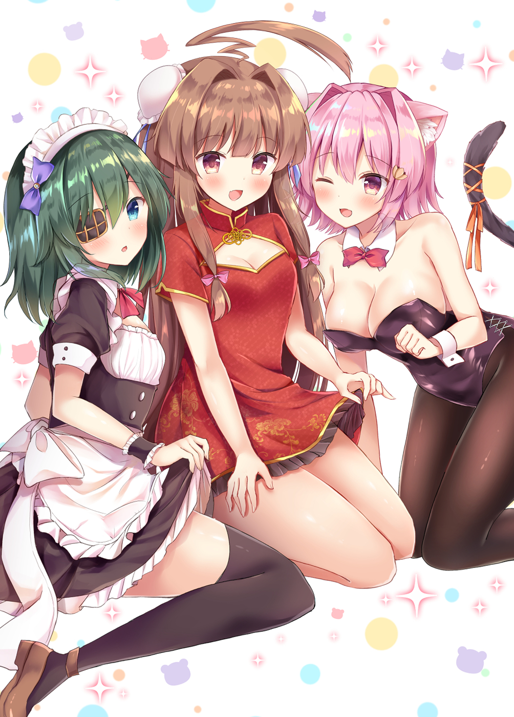 3girls ahoge alternate_costume animal_ears apron black_dress black_legwear black_leotard blue_eyes bow bowtie breasts brown_eyes brown_hair bun_cover cat_ears cat_tail china_dress chinese_clothes cleavage detached_collar double_bun dress enmaided eyepatch frilled_apron frills full_body green_hair highres huge_ahoge kantai_collection kiso_(kantai_collection) kittysuit kneeling kuma_(kantai_collection) leotard long_hair maid maid_headdress masayo_(gin_no_ame) medium_breasts multiple_girls one_eye_closed pantyhose pink_hair red_dress red_eyes red_neckwear short_hair small_breasts strapless strapless_leotard tail tama_(kantai_collection) thigh-highs white_apron white_background wrist_cuffs