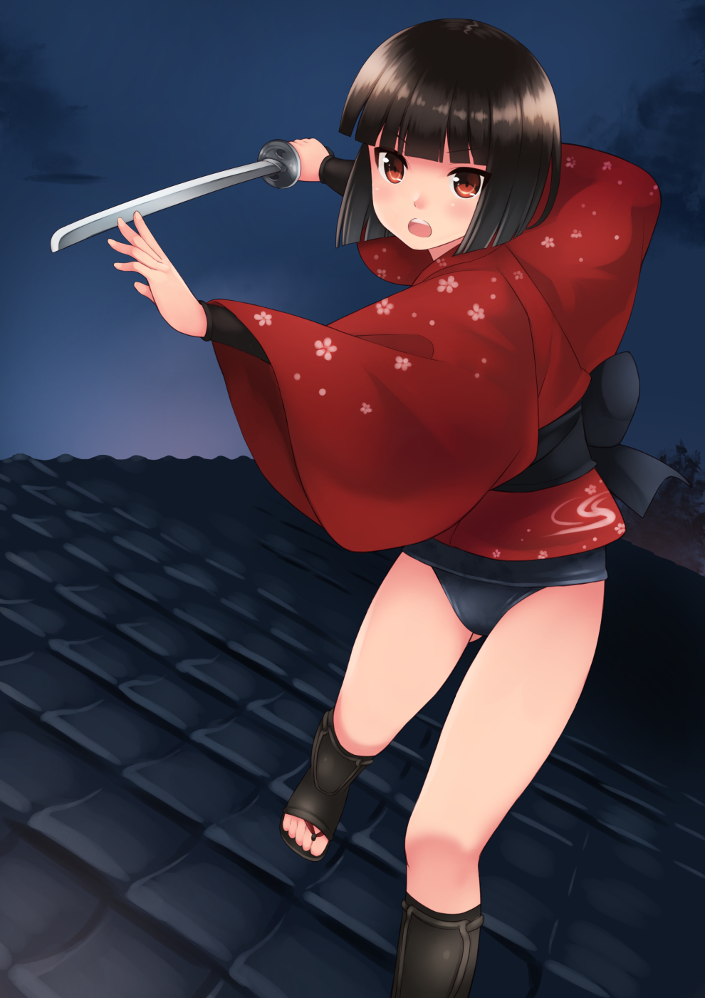 1girl akemiho_tabi_nikki black_hair brown_eyes fukube_tamaki highres japanese_clothes kouno_hikaru night ninja open_mouth rooftop school_swimsuit short_hair short_sword solo swimsuit swimsuit_under_clothes sword walking weapon