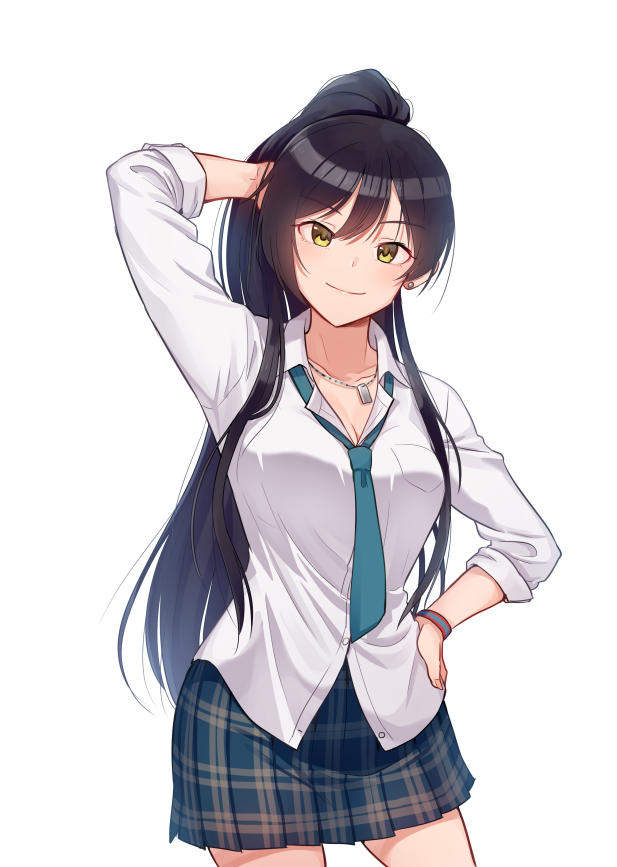 1girl black_hair blush breast_pocket breasts cleavage closed_mouth collarbone eyebrows_visible_through_hair green_neckwear hand_on_hip idolmaster idolmaster_shiny_colors jewelry kamille_(vcx68) large_breasts long_hair necklace necktie plaid plaid_skirt pocket ponytail shirase_sakuya skirt smile solo very_long_hair yellow_eyes