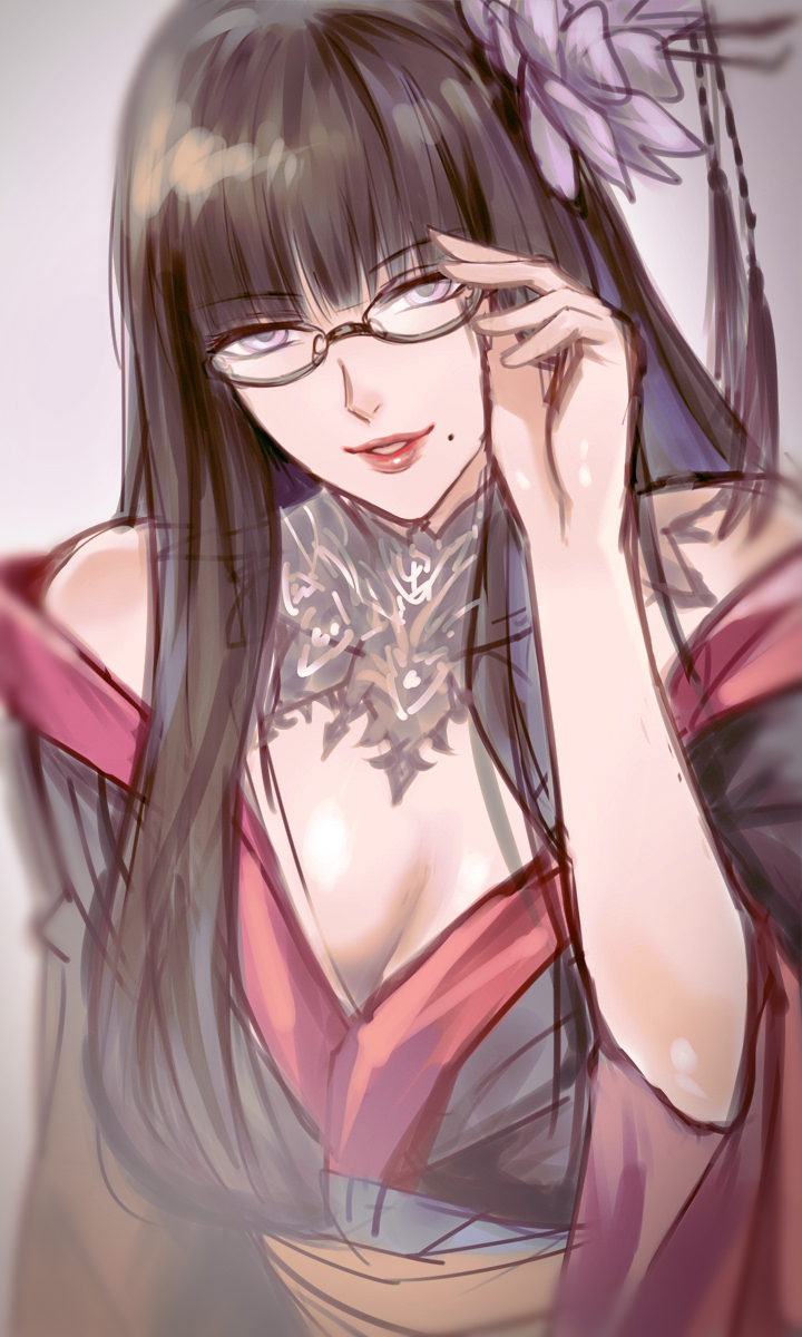 1girl adjusting_eyewear bare_shoulders black_hair breasts cleavage close-up face final_fantasy final_fantasy_xiv flower glasses hair_flower hair_ornament highres hyur japanese_clothes kimono large_breasts lipstick long_hair looking_at_viewer makeup mole mole_under_mouth off_shoulder parted_lips pengnangehao sketch smile solo yellow_eyes yotsuyu_(final_fantasy_xiv)