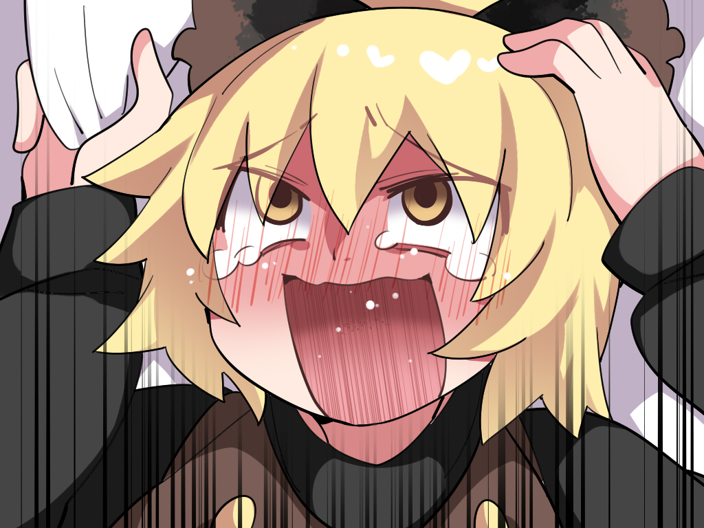 ahegao arms_up blonde_hair blush brown_dress dress emphasis_lines hair_ribbon hammer_(sunset_beach) kurodani_yamame open_mouth ribbon smile tears touhou upper_body yellow_eyes