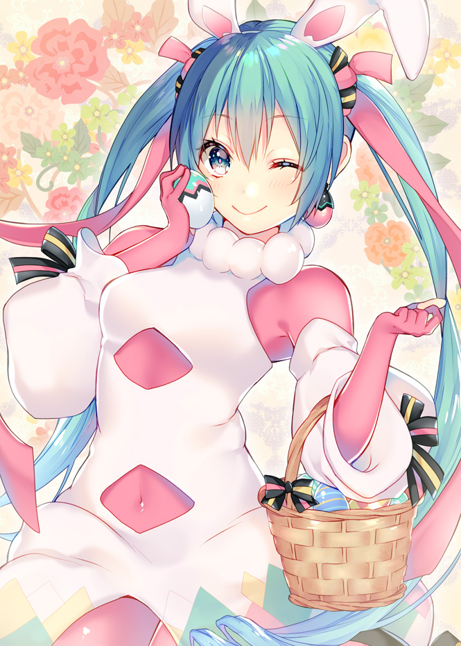 1girl animal_ears basket blue_eyes blue_hair cosplay covered_navel earrings easter easter_bunny easter_bunny_(cosplay) easter_egg egg hair_between_eyes hatsune_miku jewelry long_hair looking_at_viewer one_eye_closed rabbit_ears shiomizu_(swat) smile solo twintails very_long_hair vocaloid