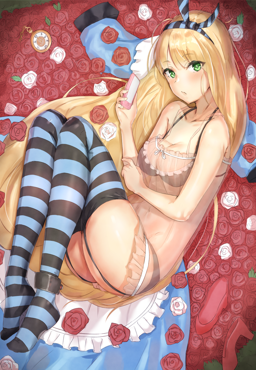 1girl alice_(wonderland) alice_in_wonderland ass bangs bare_arms black_bra black_panties blonde_hair blush bra breasts cellphone cleavage clothes_removed collarbone cuffs dress dress_removed eyebrows_visible_through_hair flower flower_bed frilled_bra frills garter_straps green_eyes groin hairband highres holding holding_phone long_hair looking_at_viewer lying medium_breasts navel nightgown no_shoes on_side original panties phone pocket_watch red_flower red_footwear red_rose reinama rose see-through shackles shoes_removed smartphone solo striped striped_hairband striped_legwear thigh-highs underwear very_long_hair watch white_flower white_rose