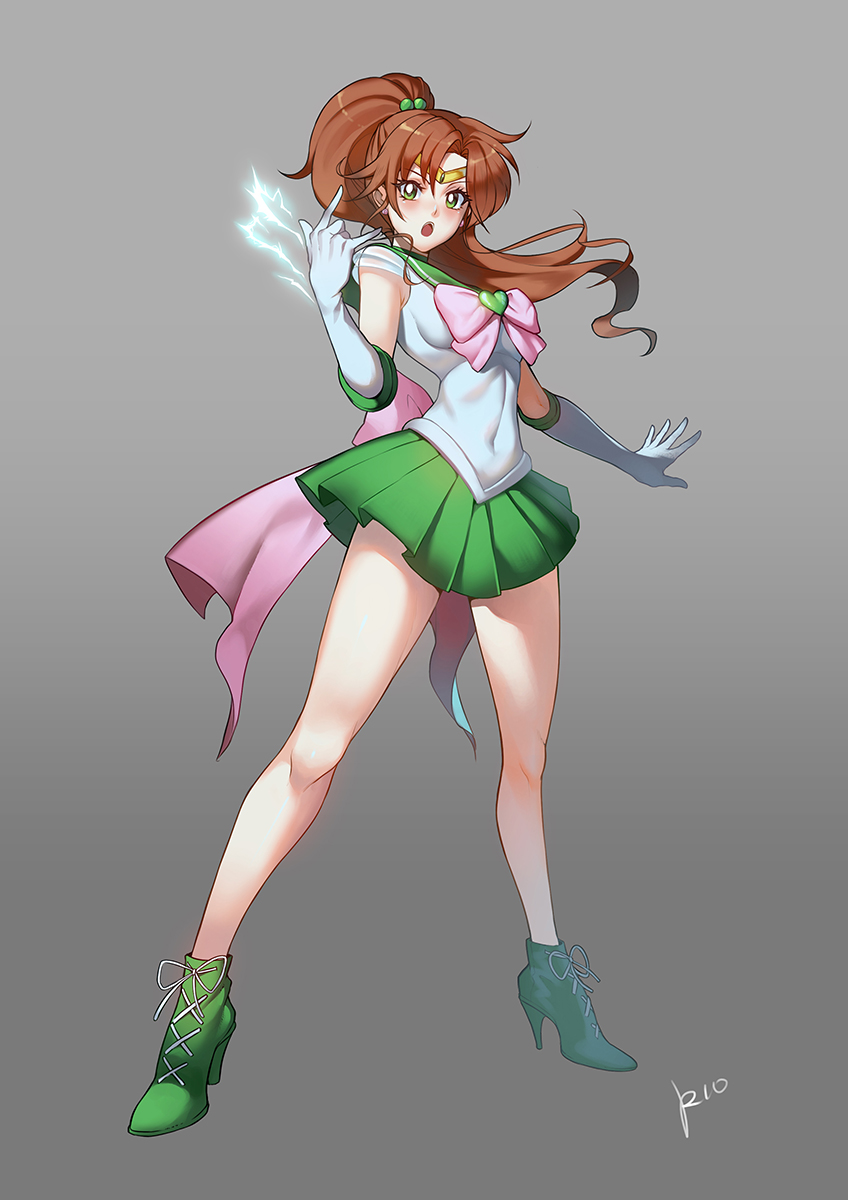 1girl :o \m/ ankle_boots artist_name bare_legs bishoujo_senshi_sailor_moon boots bow brown_hair circlet cross-laced_footwear elbow_gloves gloves gradient gradient_background green_footwear green_sailor_collar green_skirt hair_bobbles hair_ornament heart high_ponytail highres kino_makoto long_hair looking_at_viewer pink_bow pleated_skirt ponytail rlo sailor_collar sailor_jupiter signature simple_background skin_tight skirt solo standing super_sailor_jupiter very_long_hair white_gloves