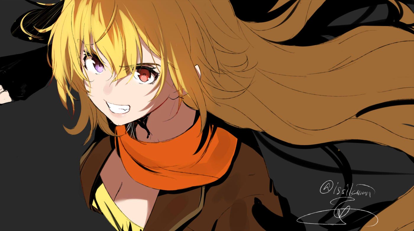 1girl blurry blush breasts cleavage depth_of_field heterochromia isshiki_(ffmania7) long_hair orange_scarf rwby scarf smile solo teeth very_long_hair violet_eyes yang_xiao_long