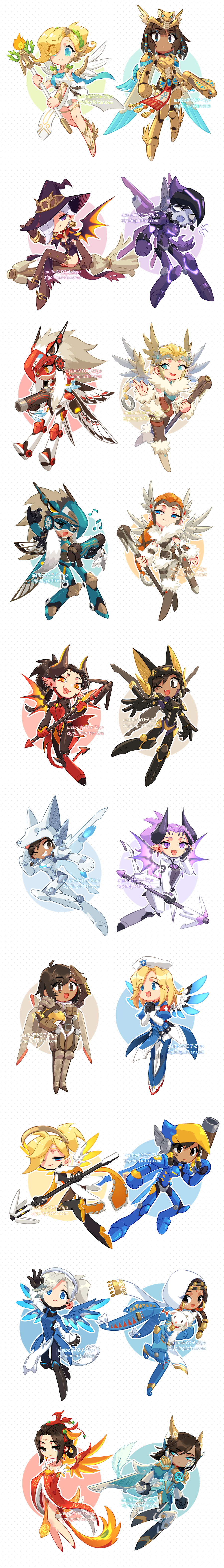 2girls absurdres alternate_costume armor black_hair blonde_hair brown_hair chibi dark_skin demon_tail demon_wings fangs feathered_wings halo hat helmet highres horns long_image looking_at_viewer mechanical_halo mechanical_wings mercy_(overwatch) multiple_girls multiple_persona overwatch pharah_(overwatch) power_armor rocket_launcher staff tail tall_image weapon wings witch_hat ziyo_ling