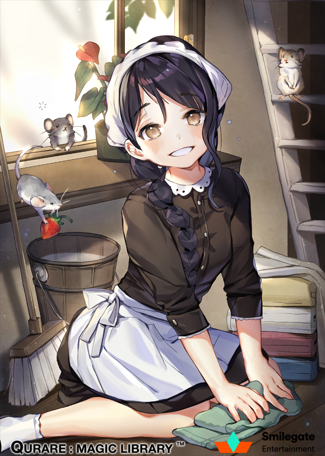 black_hair blush braid broom brown_eyes bucket cleaning copyright_name food fruit inside ladder maid mouse official_art parted_lips plant potted_plant qurare_magic_library rag sitting smile strawberry wariza watermark whoisshe window
