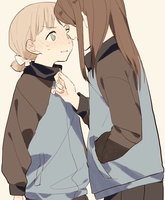 2girls aki_(girls_und_panzer) bangs blue_jacket blue_skirt blush brown_hair commentary eyebrows_visible_through_hair from_side girls_und_panzer green_eyes hair_tie hand_in_pocket jacket keizoku_military_uniform light_brown_hair light_frown long_hair long_sleeves looking_at_another mika_(girls_und_panzer) military military_uniform multiple_girls no_hat no_headwear ntnt_39 open_mouth parted_lips pleated_skirt raglan_sleeves short_hair short_twintails skirt standing track_jacket twintails uniform upper_body yellow_background yuri