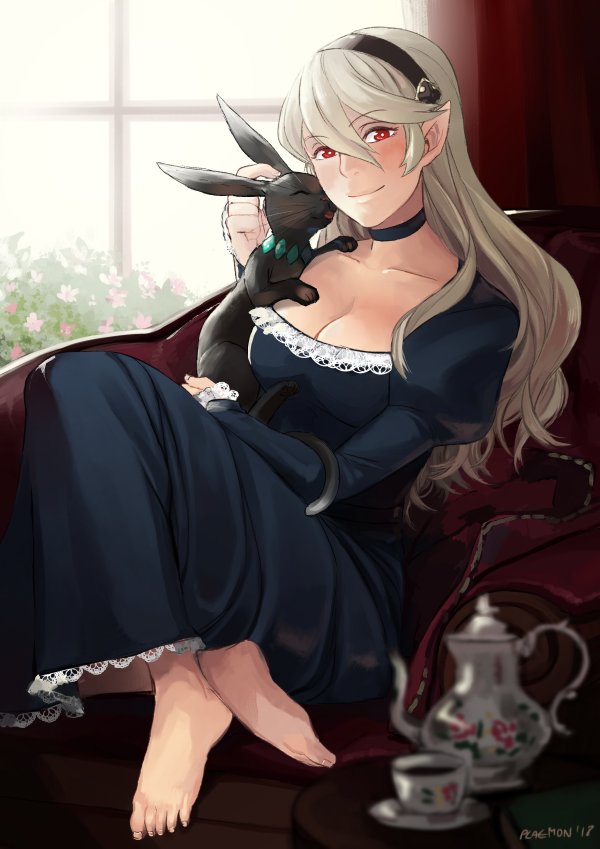 1girl animal artist_request barefoot couch dress female_my_unit_(fire_emblem_if) fire_emblem fire_emblem_if hair_between_eyes hair_ornament hairband long_hair looking_at_viewer mamkute my_unit_(fire_emblem_if) pointy_ears rabbit red_eyes silver_hair smile solo white_hair
