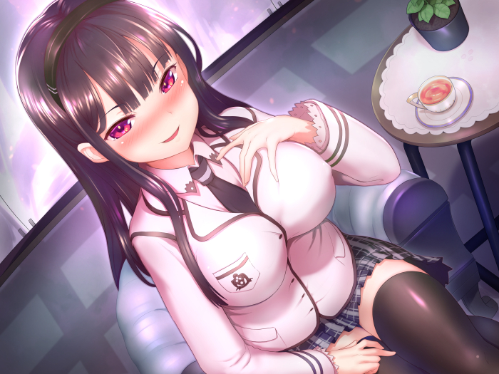 1girl bangs black_hair blush breasts commentary_request cup hairband large_breasts long_hair looking_at_viewer miniskirt original pleated_skirt red_eyes school_uniform shinovi sitting skirt solo thigh-highs