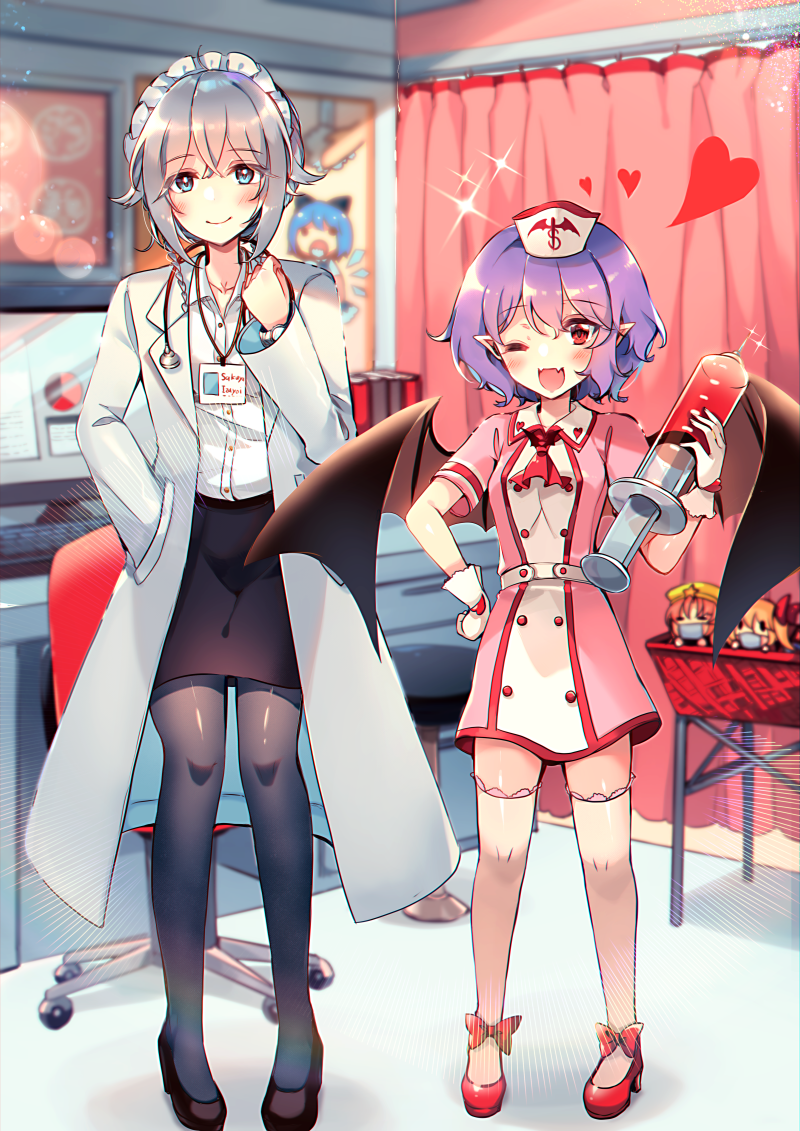 2girls :d alternate_costume ankle_ribbon arms_up basket black_footwear black_legwear black_skirt blue_eyes blurry blurry_background blush book braid caduceus chair character_doll cirno commentary_request curtains desk dress emphasis_lines eyebrows_visible_through_hair fangs flandre_scarlet full_body hair_between_eyes hand_in_pocket hand_on_hip hat heart hong_meiling izayoi_sakuya kirero labcoat looking_at_viewer maid_headdress mask monitor mouth_mask multiple_girls name_tag nurse_cap office_chair one_eye_closed open_mouth oversized_object pantyhose partial_commentary pencil_skirt pink_dress pink_legwear pointy_ears poster_(object) purple_hair red_eyes red_footwear remilia_scarlet ribbon shirt short_hair silver_hair skin_fangs skirt smile sparkle standing stethoscope surgical_mask syringe thigh-highs touhou twin_braids two-tone_dress watch watch white_shirt wrist_cuffs zettai_ryouiki