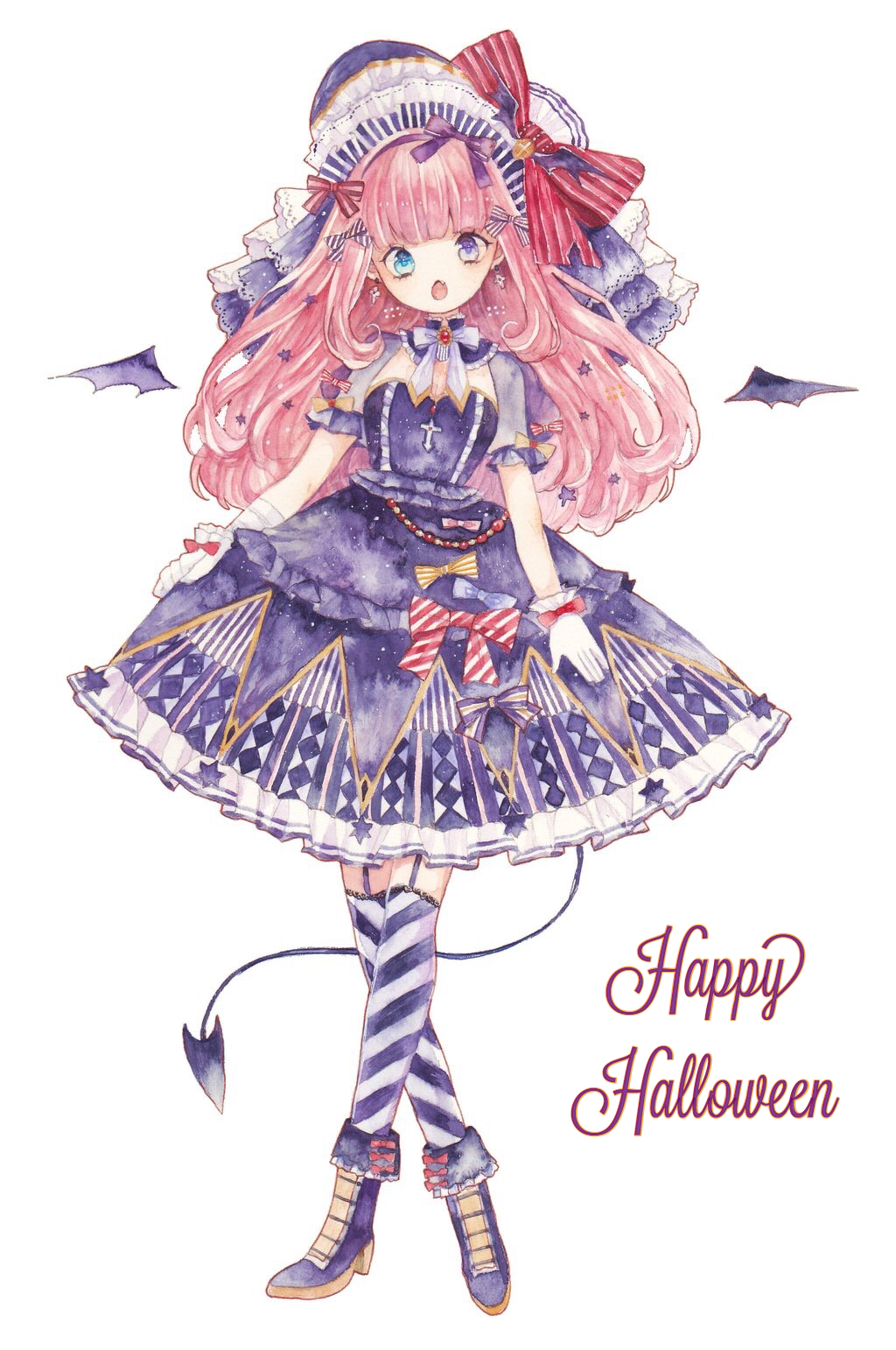 1girl :o bangs bat_hair_ornament bat_wings blue_eyes boots bow commentary_request cross demon_tail fang full_body garter_straps gloves hair_bow hair_ornament halloween happy_halloween headdress heterochromia highres kneehighs lace legs_crossed lolita_fashion long_hair original pink_hair short_sleeves simple_background solo star striped striped_bow striped_legwear tail traditional_media uni_(setsuna_gumi39) violet_eyes watercolor_(medium) white_background white_gloves wings