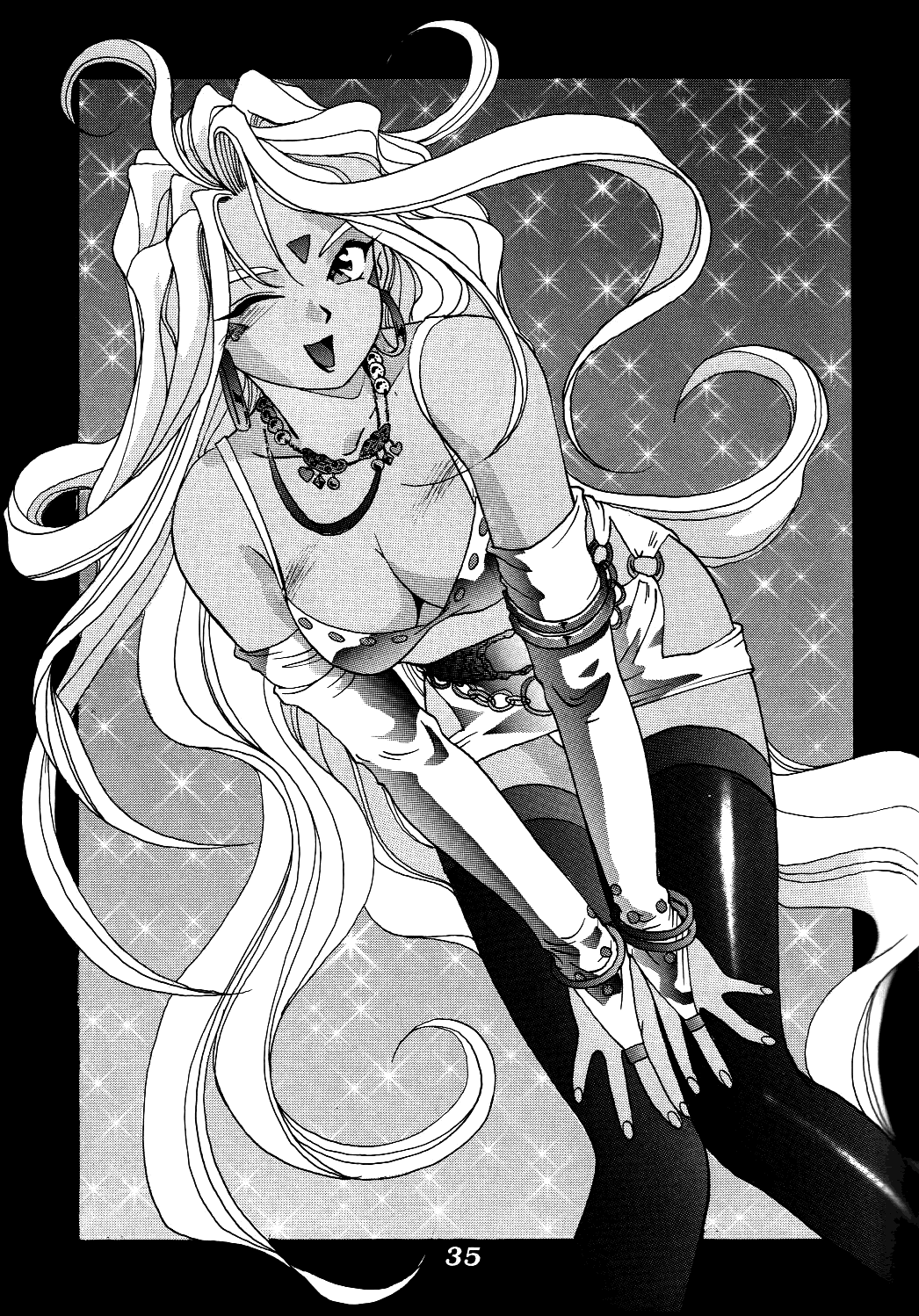 aa_megami-sama ahoge bending_forward breasts cleavage dark_skin dress elbow_gloves facial_mark fingerless_gloves forehead_mark gloves goddess highres jewelry long_hair looking_at_viewer monochrome one_eye_closed open_mouth short_dress thigh-highs urd white_hair