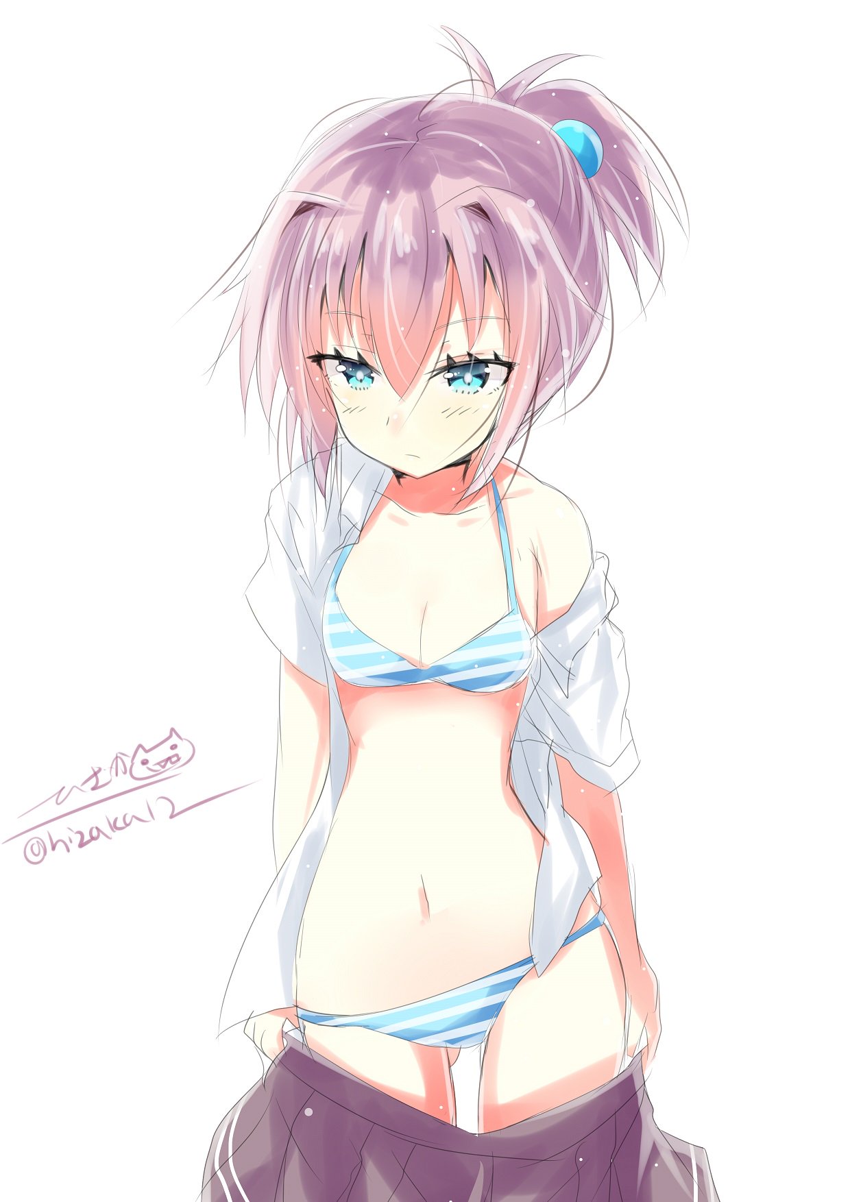 1girl black_skirt blue_eyes blush bra breasts eyebrows_visible_through_hair hair_between_eyes highres hizaka kantai_collection long_hair looking_at_viewer medium_breasts miniskirt multicolored multicolored_clothes panties ponytail shiranui_(kantai_collection) shirt simple_background skirt solo swimsuit underwear undressing white_background