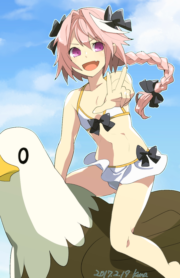 0_0 1boy :d arm_support artist_name astolfo_(fate) bangs bare_arms bare_legs bare_shoulders barefoot bikini bikini_skirt black_bow blue_sky bow bow_bikini braid clouds cloudy_sky collarbone commentary dated day dot_pupils eyebrows_visible_through_hair fang fantasy fate/apocrypha fate_(series) flat_chest foreshortening gluteal_fold griffin hair_between_eyes hair_bow hair_intakes hand_up kona_(silent913) long_hair looking_at_viewer male_focus multicolored_hair open_mouth outdoors outstretched_arm parted_bangs pink_hair riding single_braid sky smile spread_legs stomach straddling streaked_hair swimsuit trap two-tone_hair v-shaped_eyebrows violet_eyes w white_bikini white_hair wind wind_lift