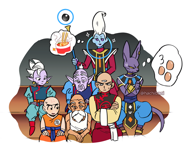 6+boys bald beard beerus dougi dragon_ball dragon_ball_super dragonball_z drooling earrings egg facial_hair food jewelry kaioushin kuririn looking_at_another looking_away male_focus mohawk multiple_boys muten_roushi nervous noodles number pointy_ears potara_earrings ramen rou_kaioushin serious simple_background sitting sparkle staff sweatdrop tenshinhan thought_bubble twitter_username whis white_background white_hair wristband