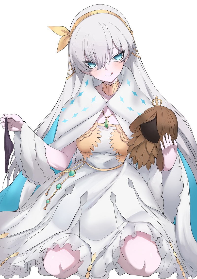1girl :q anastasia_(fate/grand_order) black_panties blue_eyes blush breasts cape doll dress fate/grand_order fate_(series) hairband jewelry k_jin kneeling long_hair looking_at_viewer necklace panties panties_removed simple_background smile solo tongue tongue_out underwear very_long_hair white_background white_hair