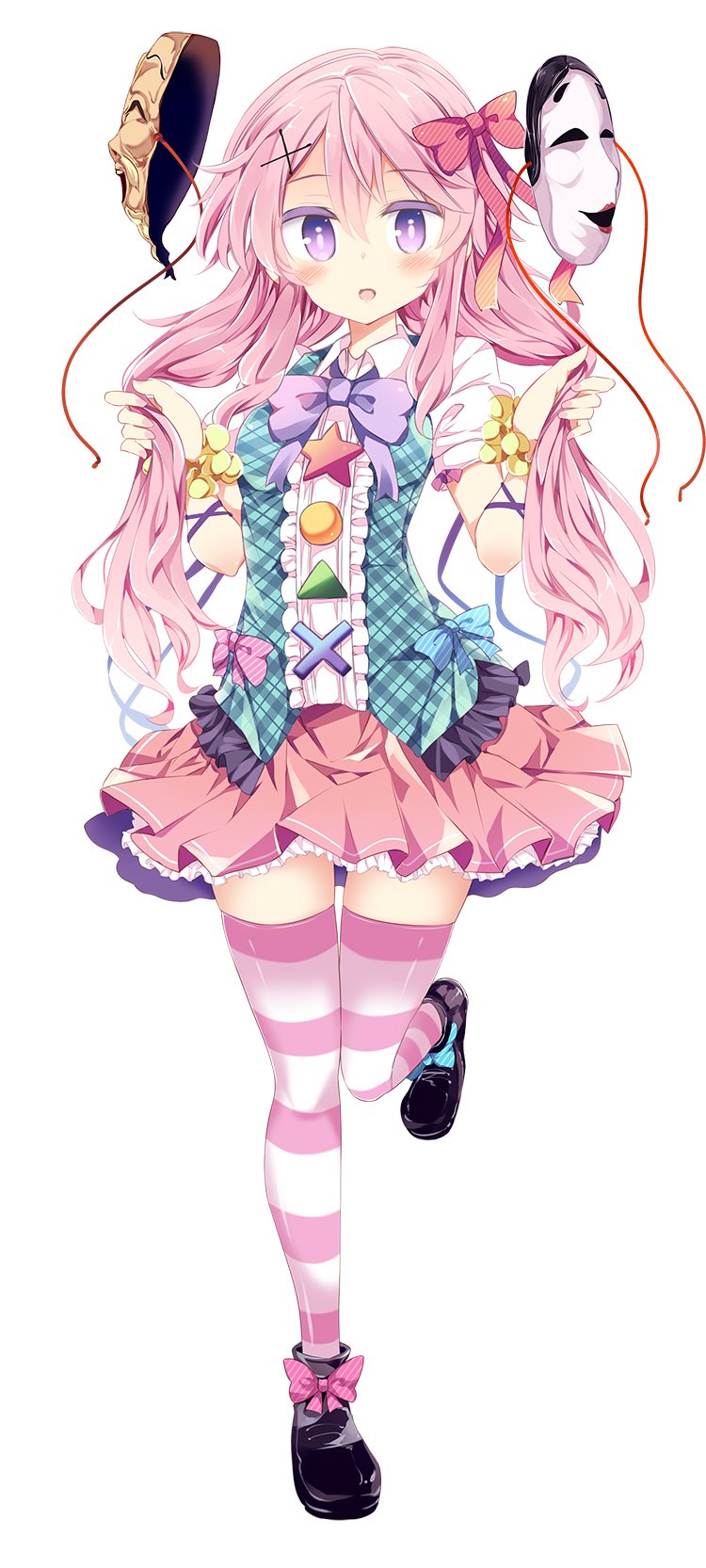 1girl black_footwear blush bow bowtie bright_pupils center_frills eyebrows_visible_through_hair full_body hair_between_eyes hair_bow hair_grab hair_ornament hands_up hata_no_kokoro highres long_hair looking_at_viewer mask maturiuta_sorato nail_polish open_mouth pink_bow pink_hair pink_legwear pink_nails pink_skirt plaid plaid_skirt plaid_vest purple_neckwear purple_ribbon red_bow ribbon shirt shoe_bow shoes short_sleeves simple_background skirt solo standing standing_on_one_leg striped striped_bow striped_legwear thigh-highs touhou twintails vest violet_eyes white_background white_shirt wing_collar x_hair_ornament zettai_ryouiki