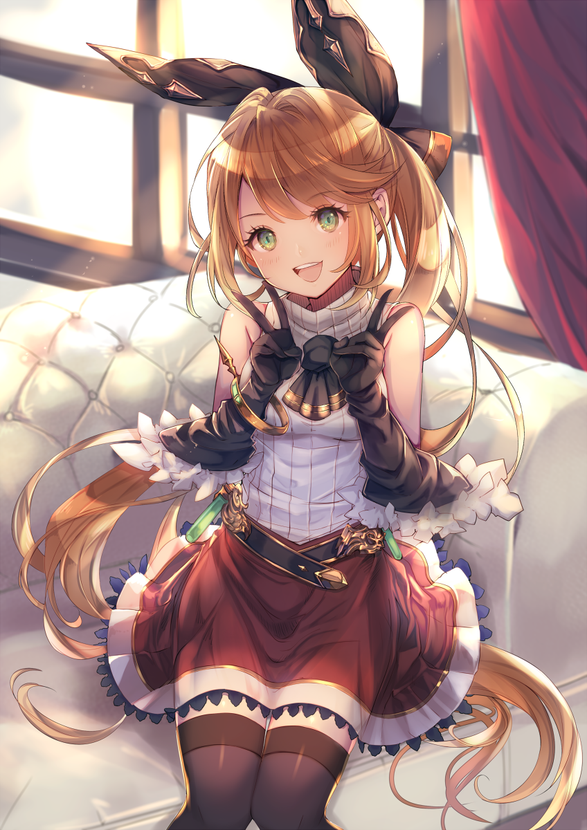 1girl bangs belt black_gloves black_legwear black_ribbon blush cape clarisse_(granblue_fantasy) couch curtains double_v elbow_gloves eyebrows_visible_through_hair gloves granblue_fantasy green_eyes hair_ribbon hand_gesture highres indoors kether lighting long_hair looking_at_viewer open_mouth orange_hair ponytail red_skirt ribbon sidelocks sitting skirt sleeveless smile solo swept_bangs test_tube thigh-highs v very_long_hair window