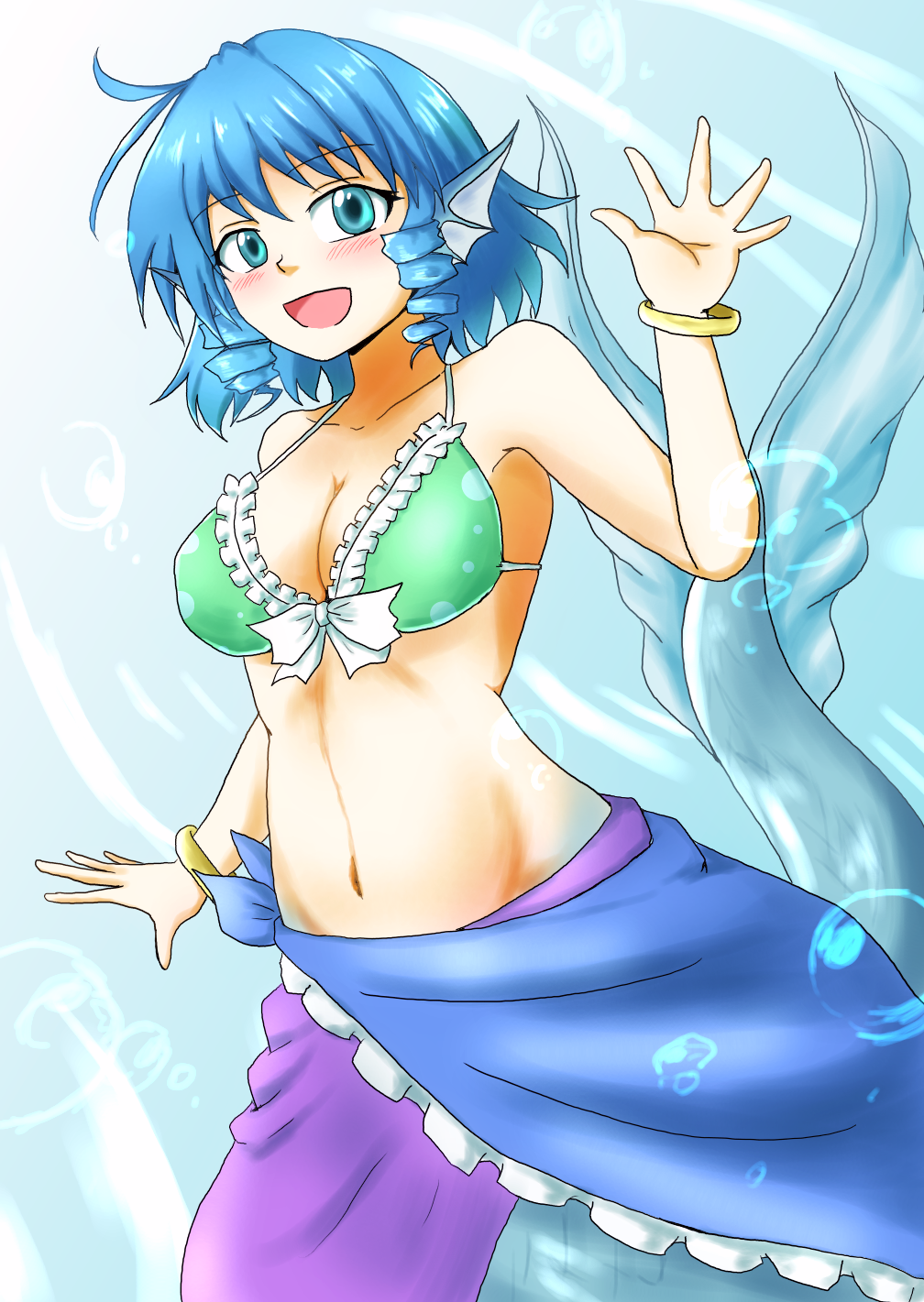 1girl bikini bikini_top blue_eyes blue_hair blush breasts cleavage d-m_(dii_emu) drill_hair fish_tail green_bikini head_fins highres looking_at_viewer medium_breasts mermaid monster_girl navel open_mouth sarong smile solo swimsuit touhou underwater wakasagihime