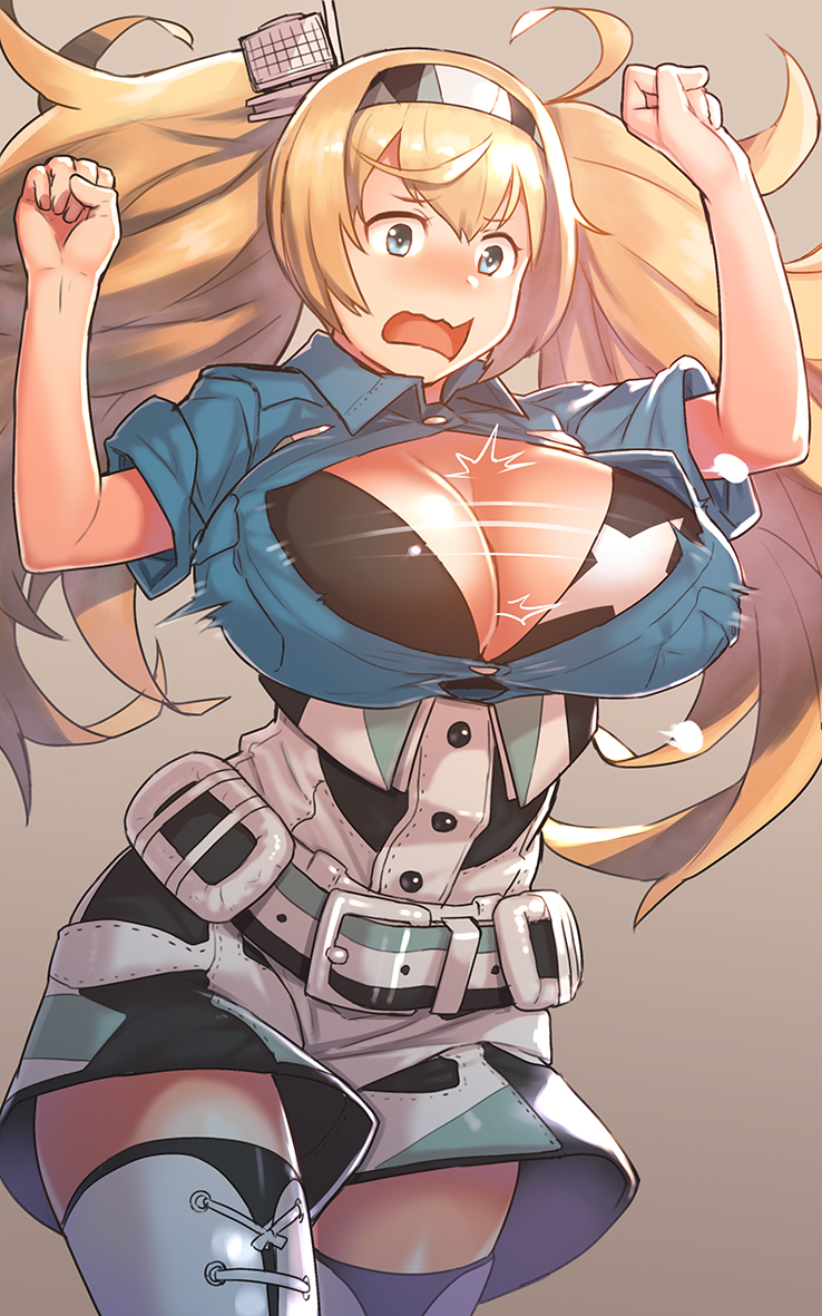 1girl belt black_bra blonde_hair blue_eyes blue_shirt blush bra breast_pocket breasts clenched_hands collared_shirt commentary_request flight_deck gambier_bay_(kantai_collection) gloves hair_between_eyes hairband hands_up huge_breasts jack_hamster kantai_collection long_hair open_mouth pocket shirt short_sleeves shorts solo thigh-highs twintails underwear wavy_mouth