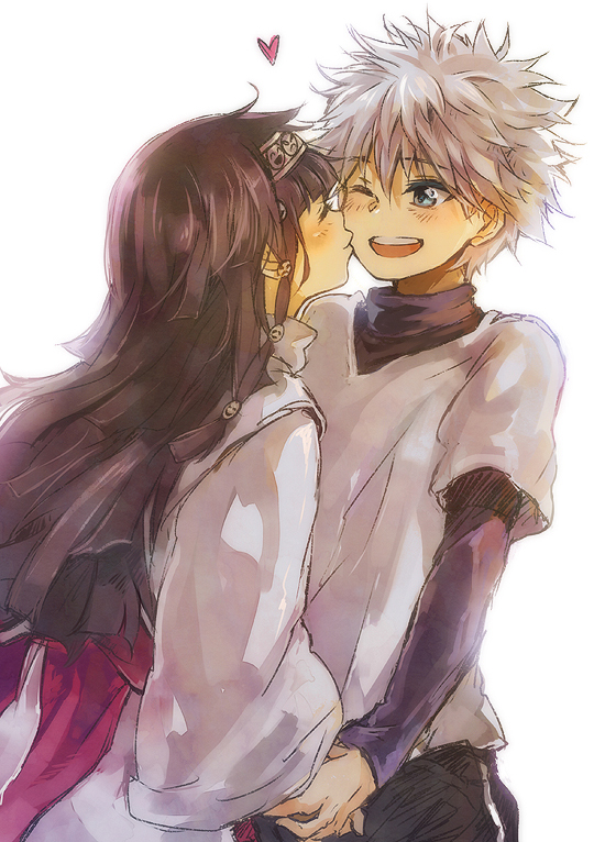 1boy 1girl alluka_zoldyck bangs black_shorts blue_eyes blunt_bangs blush brother_and_sister brown_hair cheek_kiss closed_eyes hair_ornament hand_holding heart hunter_x_hunter japanese_clothes killua_zoldyck kiss long_hair long_sleeves looking_at_another multi-tied_hair nuriko-kun one_eye_closed open_mouth shirt short_hair short_over_long_sleeves shorts siblings silver_hair simple_background smile turtleneck upper_body upper_teeth white_background white_shirt wide_sleeves