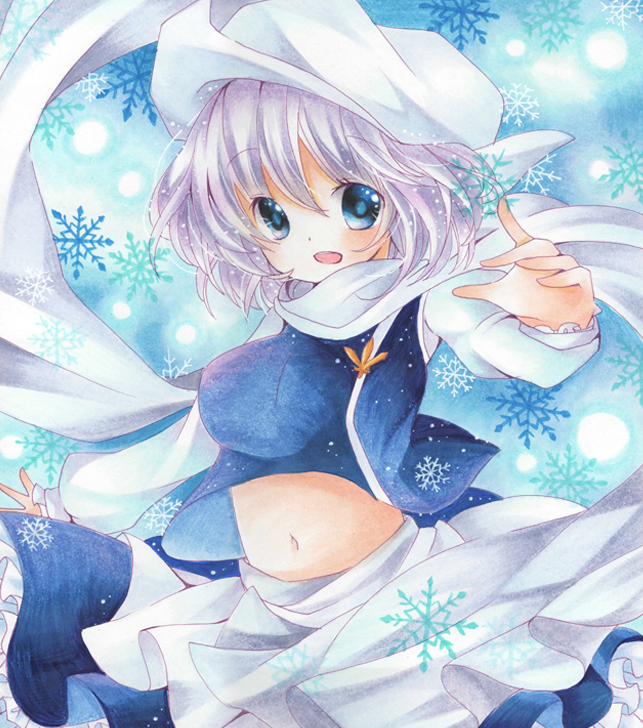 1girl apron blue_eyes blue_shirt blue_skirt hat letty_whiterock long_sleeves looking_at_viewer marker_(medium) midriff mizame navel open_mouth shawl shirt short_hair silver_hair skirt skirt_set snowflakes solo touhou traditional_media waist_apron white_hat