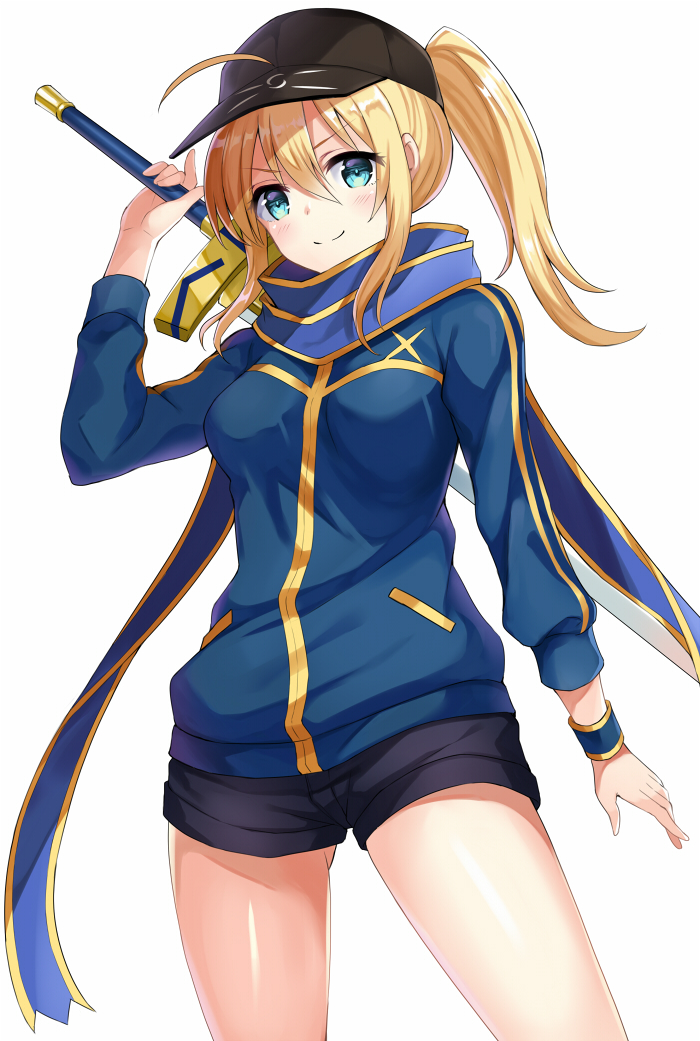 1girl ahoge artoria_pendragon_(all) baseball_cap black_hat black_shorts blonde_hair blue_eyes blue_jacket blue_scarf blush closed_mouth fate_(series) harimoji hat himitsucalibur holding holding_sword holding_weapon jacket long_sleeves looking_at_viewer mysterious_heroine_x ponytail rojiura_satsuki:_chapter_heroine_sanctuary scarf short_hair shorts simple_background smile solo standing sword track_jacket weapon white_background