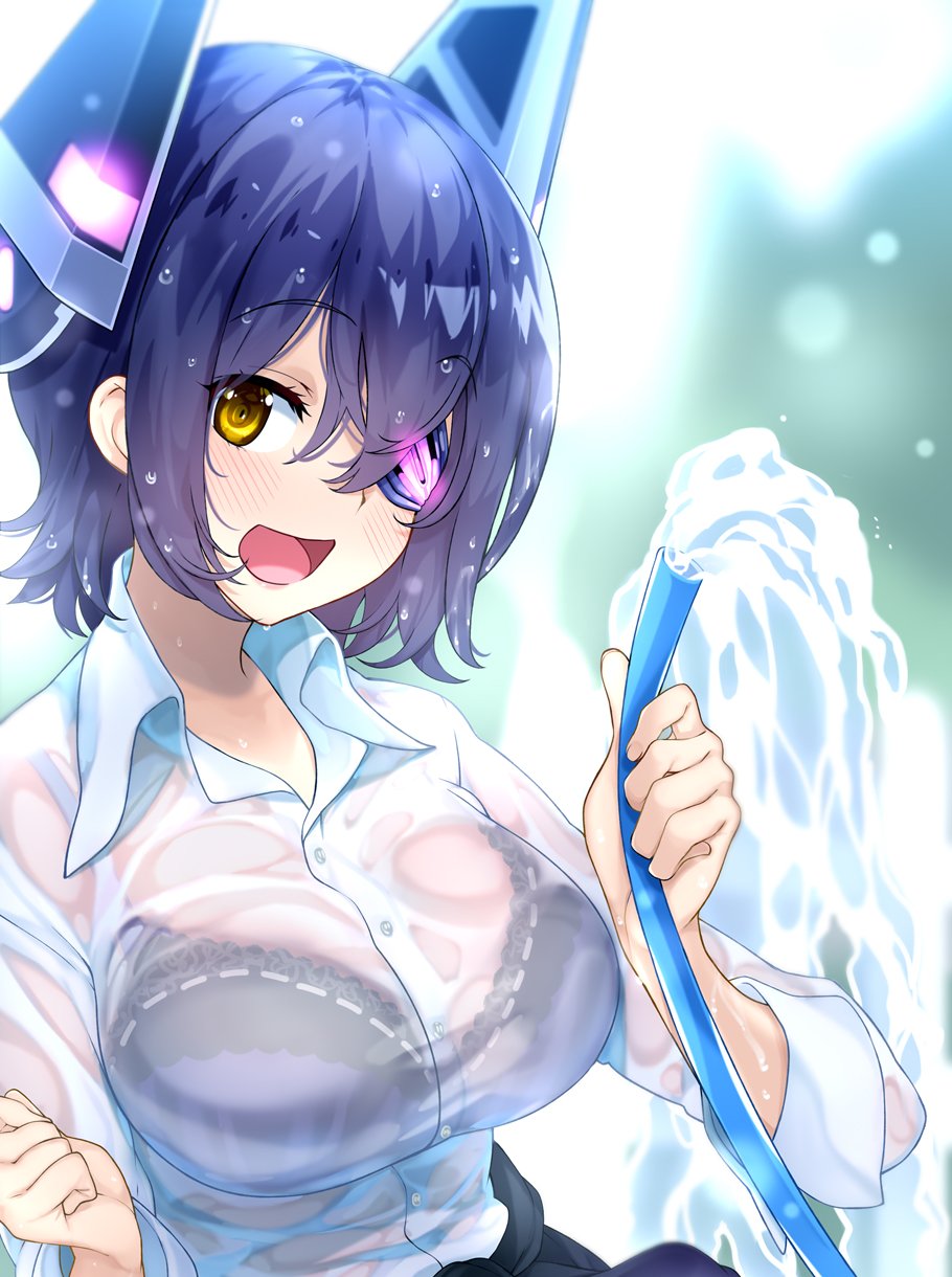 1girl amami_amayu black_bra blush bra commentary_request dress_shirt eyepatch headgear highres hose kantai_collection looking_at_viewer open_mouth purple_hair see-through shirt short_hair solo tenryuu_(kantai_collection) underwear water wet wet_clothes yellow_eyes