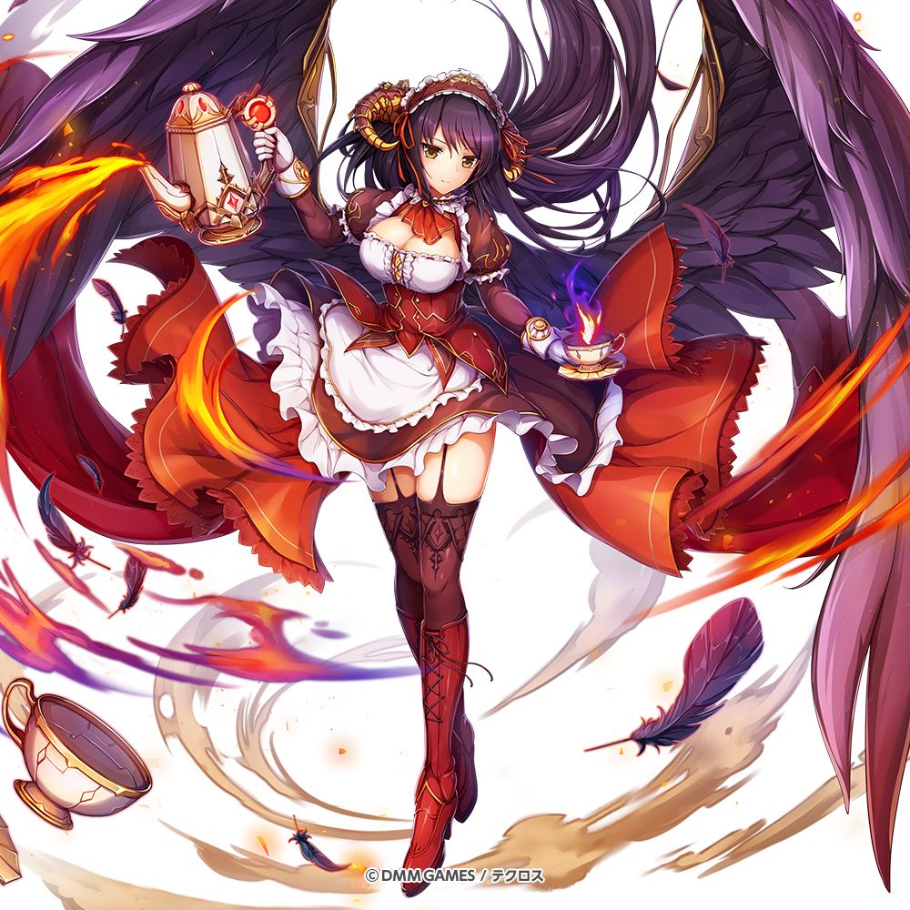 amon_(kami_project) artist_request black_hair black_wings blowing boots breasts bustier cleavage cleavage_cutout company_name cup demon_girl demon_horns dmm dust_cloud fire flowing_dress garter_straps gloves high_heel_boots high_heels horns kami_project large_breasts maid official_art tea_kettle teacup thigh-highs white_background wings yellow_eyes