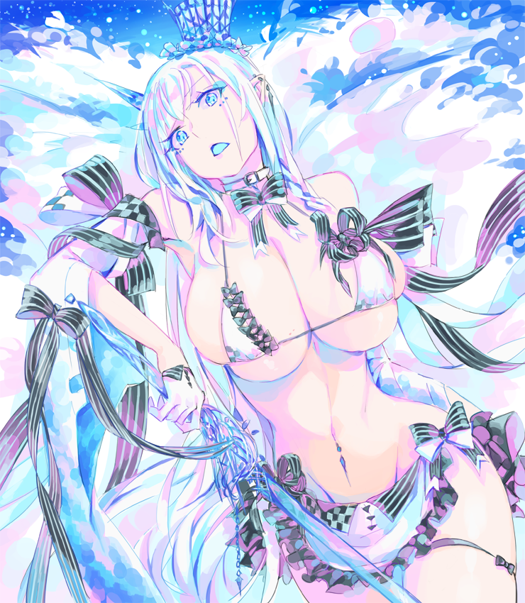 1girl armpits bare_shoulders bikini blue_eyes breasts cleavage detached_sleeves ear_piercing groin hat large_breasts long_hair looking_at_viewer mila_(yuta27315) navel navel_piercing open_mouth original piercing pointy_ears solo swimsuit white_hair