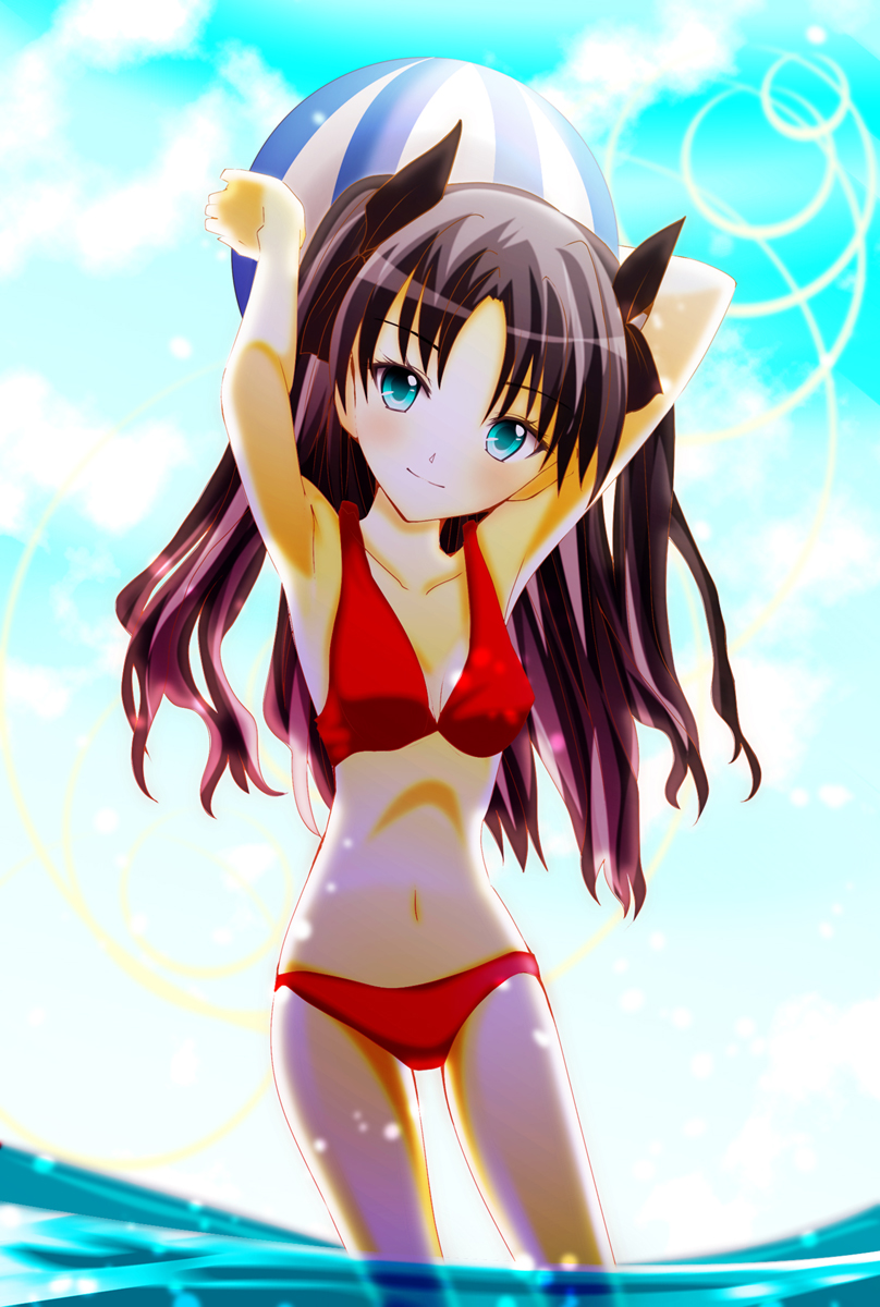 1girl aqua_eyes ball beachball bikini black_hair clouds fate/hollow_ataraxia fate/stay_night fate_(series) holding long_hair looking_at_viewer ocean pixiv red_bikini ribbon shichoson015 sky solo summer sunlight tohsaka_rin twintails