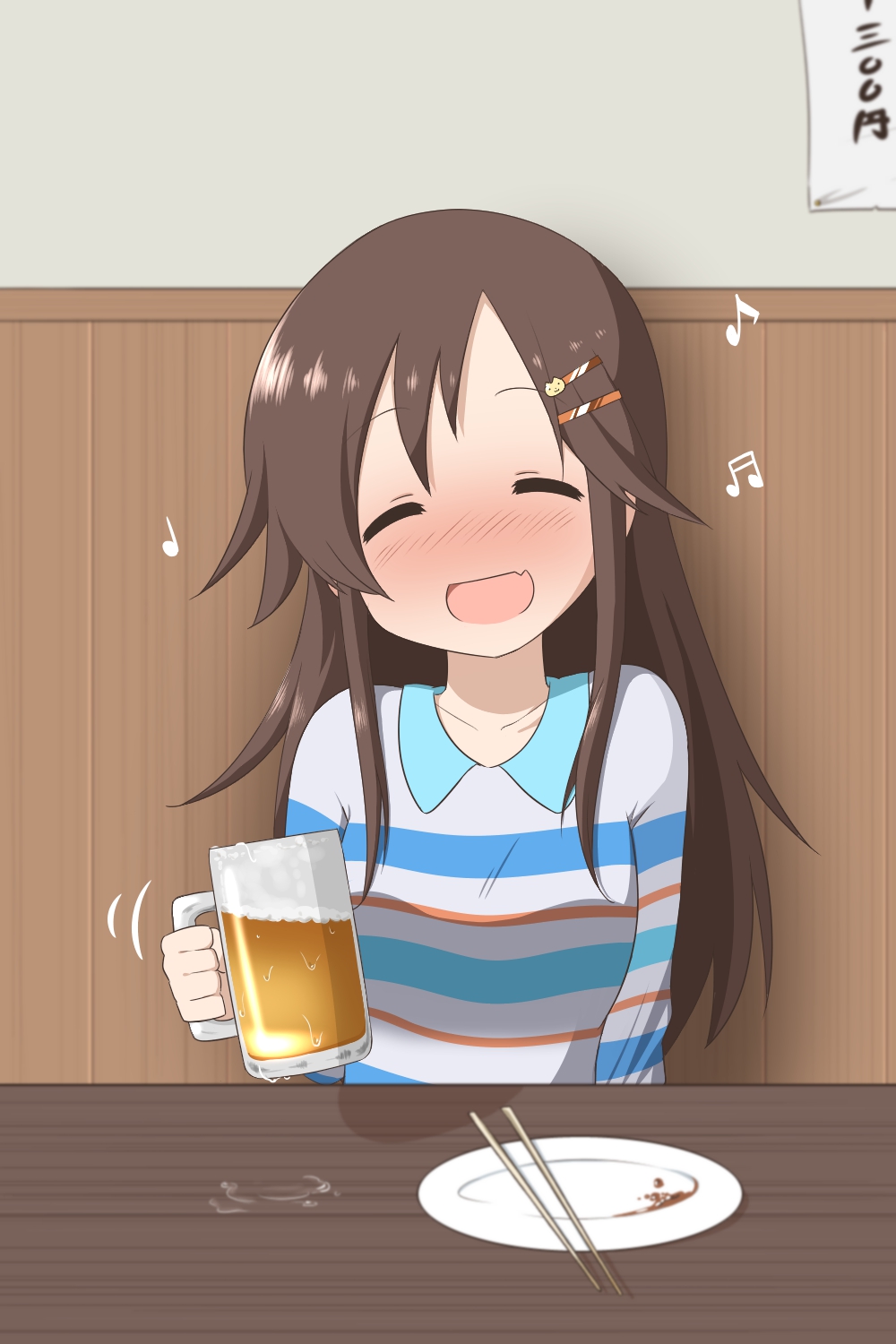 1girl :d ^_^ alcohol beer beer_mug blush brown_hair chopsticks closed_eyes collarbone commentary_request drunk fang hair_ornament hairclip highres himekawa_yuki holding idolmaster idolmaster_cinderella_girls ikonaska long_hair motion_lines musical_note nose_blush open_mouth plate shirt sitting smile solo striped striped_shirt wainscoting