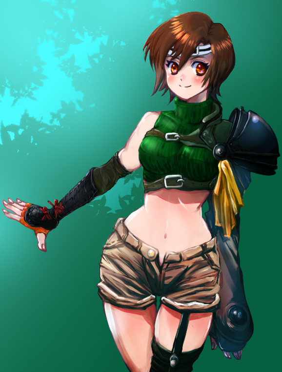1girl armor bangs black_gloves blush breasts brown_eyes brown_gloves brown_hair brown_shorts buckle closed_mouth commentary cowboy_shot crop_top cropped_sweater ekotoba final_fantasy final_fantasy_vii fingerless_gloves foliage forehead_protector gloves green_background green_sweater hair_between_eyes headband looking_at_viewer medium_breasts midriff navel open_fly pauldrons ribbed_sweater romaji_commentary short_hair shorts shoulder_armor single_bare_shoulder single_pauldron single_thighhigh sleeveless sleeveless_sweater sleeveless_turtleneck smile solo standing sweater thigh-highs thigh_gap turtleneck turtleneck_sweater yuffie_kisaragi