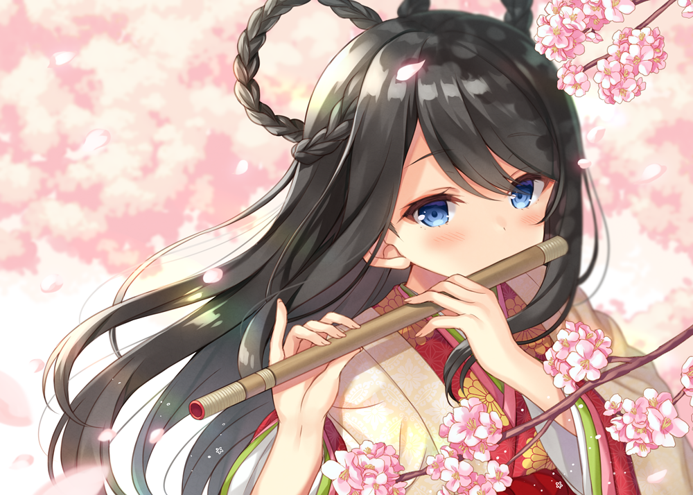 1girl bangs black_hair blue_eyes blurry blurry_background blush braid commentary_request covered_mouth depth_of_field eyebrows_visible_through_hair fingernails flower flute hair_rings holding holding_instrument instrument japanese_clothes kimono layered_clothing layered_kimono long_hair long_sleeves looking_at_viewer music nagisa3710 original petals pink_flower playing_flute playing_instrument print_kimono solo very_long_hair wide_sleeves yellow_kimono