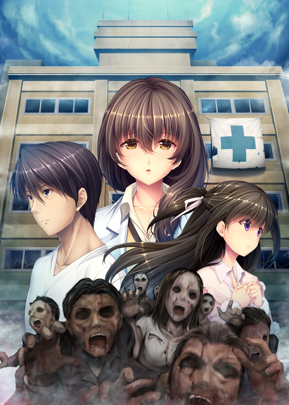 1boy 2girls blue_eyes brown_eyes brown_hair building collared_shirt commentary_request copyright_request cross eyebrows_visible_through_hair hair_between_eyes highres long_hair looking_at_viewer multiple_girls official_art parted_lips saburou_(hgmg) school shirt short_hair violet_eyes white_shirt wing_collar zombie