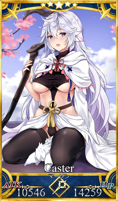 1girl breasts breasts_apart card_(medium) fate/grand_order fate/prototype fate_(series) genderswap genderswap_(mtf) kaetzchen long_hair looking_at_viewer merlin_(fate/prototype) merlin_(fate/stay_night) smile solo thigh-highs under_boob violet_eyes white_hair