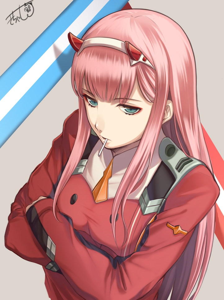 1girl aqua_eyes bangs blunt_bangs breasts candy commentary crossed_arms darling_in_the_franxx eyeshadow food hair_over_breasts hairband horns kichannico lollipop long_hair long_sleeves makeup military military_uniform parted_lips pink_hair red_eyeshadow sidelocks signature straight_hair striped uniform upper_body white_hairband zero_two_(darling_in_the_franxx)