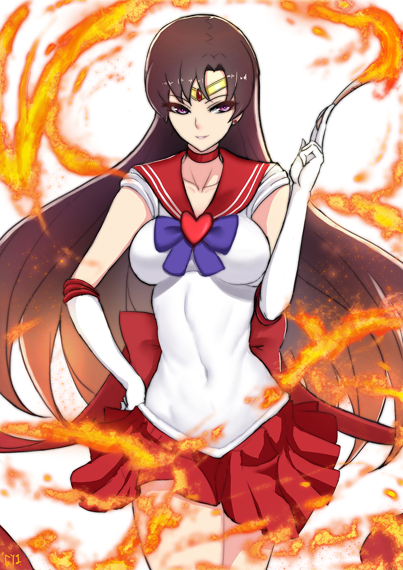 bishoujo_senshi_sailor_moon brown_hair choker collarbone covered_navel cyicheng fire flame gloves hino_rei long_hair looking_to_the_side miniskirt pleated_skirt sailor_collar sailor_mars skirt smile violet_eyes